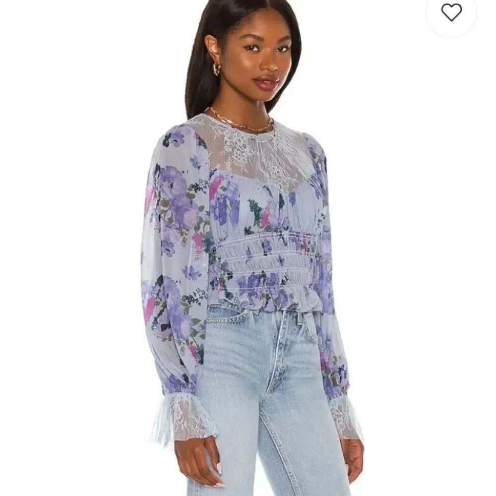 Free People Daphne Blouse in Silver Blue Combo NWT Sz S